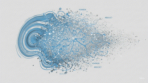 An animated cloud of abstract blue and gray shapes and lines, constantly shifting and reforming.