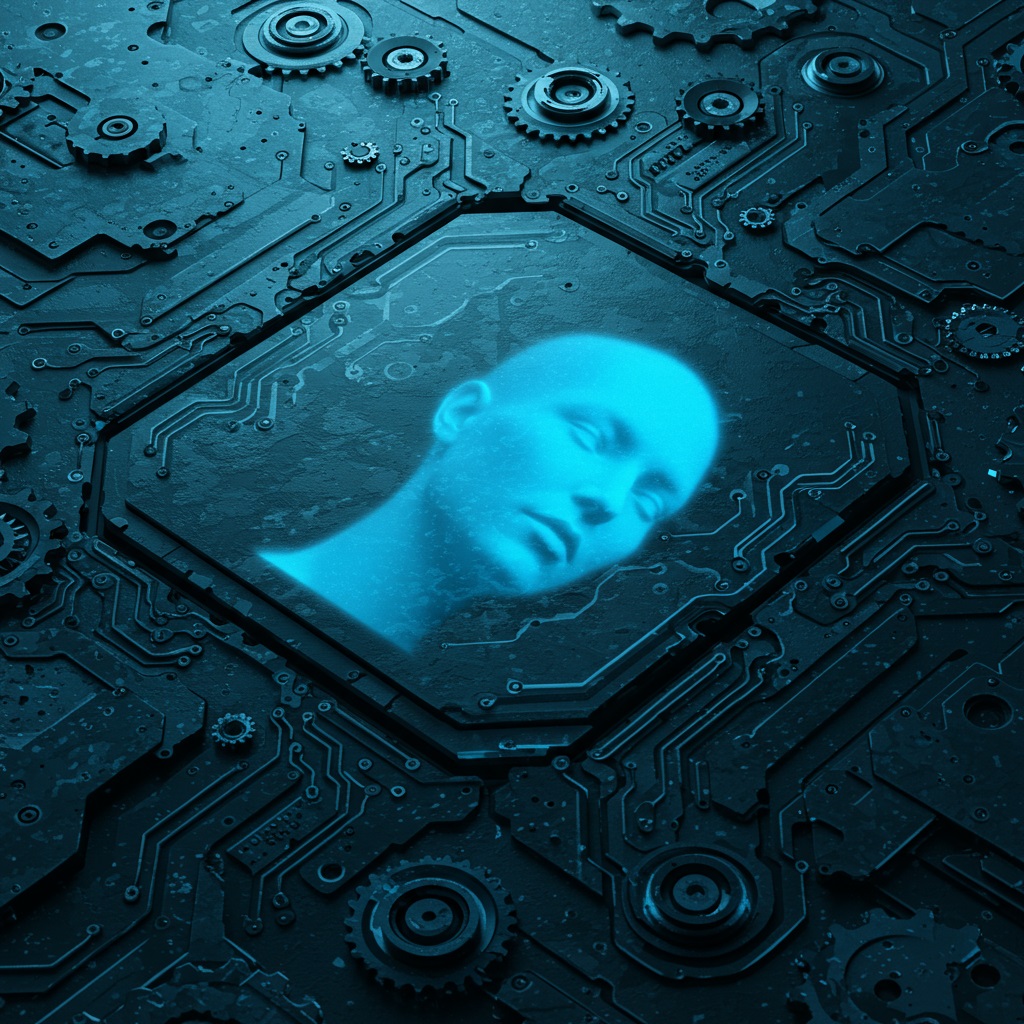 A serene, blue-hued face rests within a complex field of dark, mechanical circuits and gears.