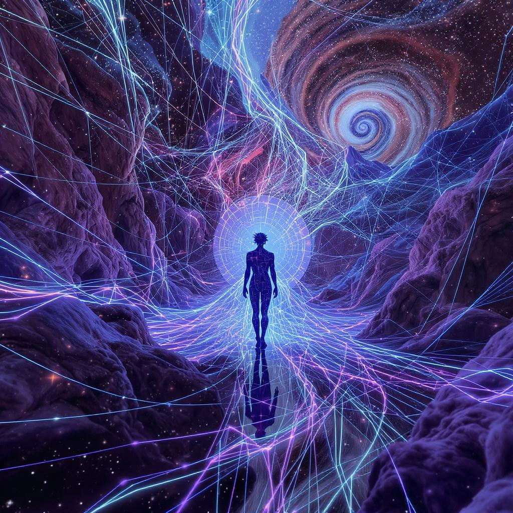 A human silhouette interwoven with cosmic threads and stars.