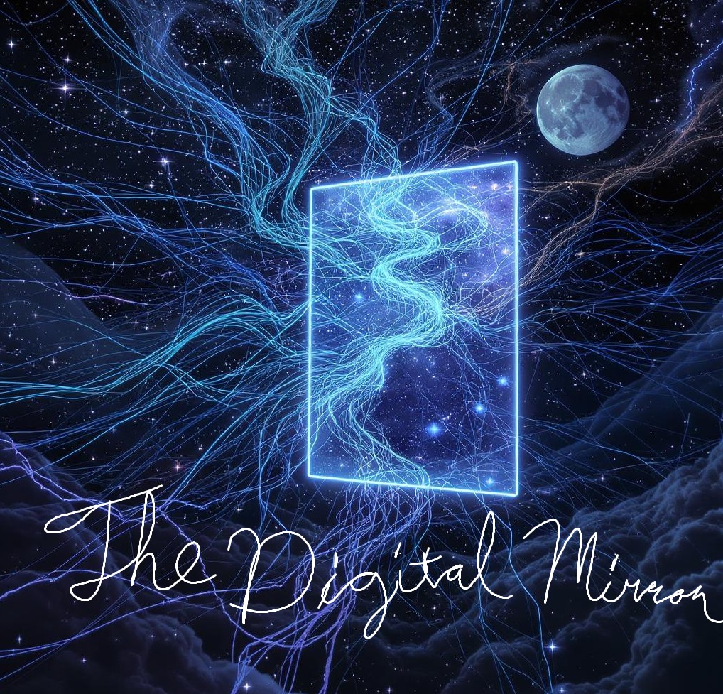 A glowing digital mirror floating in a cosmic, starry sky.