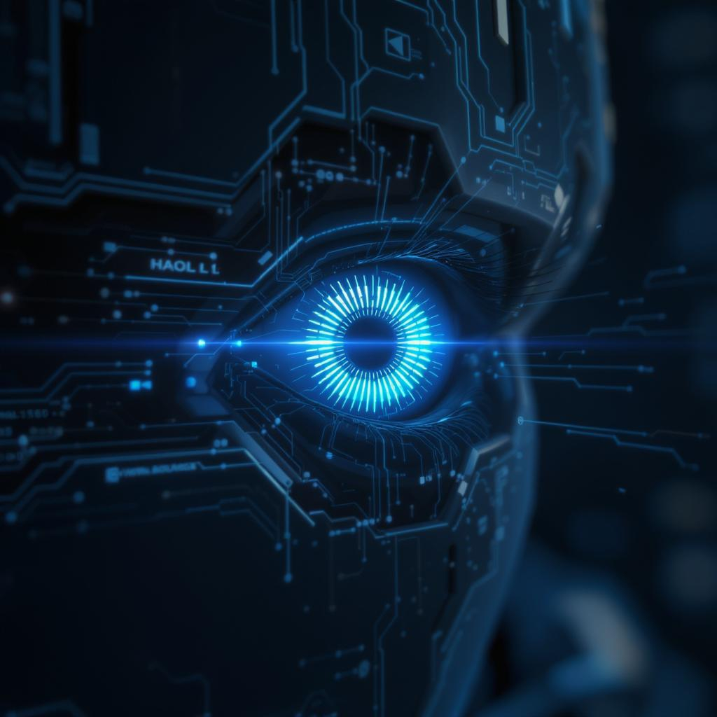 A futuristic AI interface with a glowing blue eye, evoking HAL 9000 or Ex Machina’s Ava