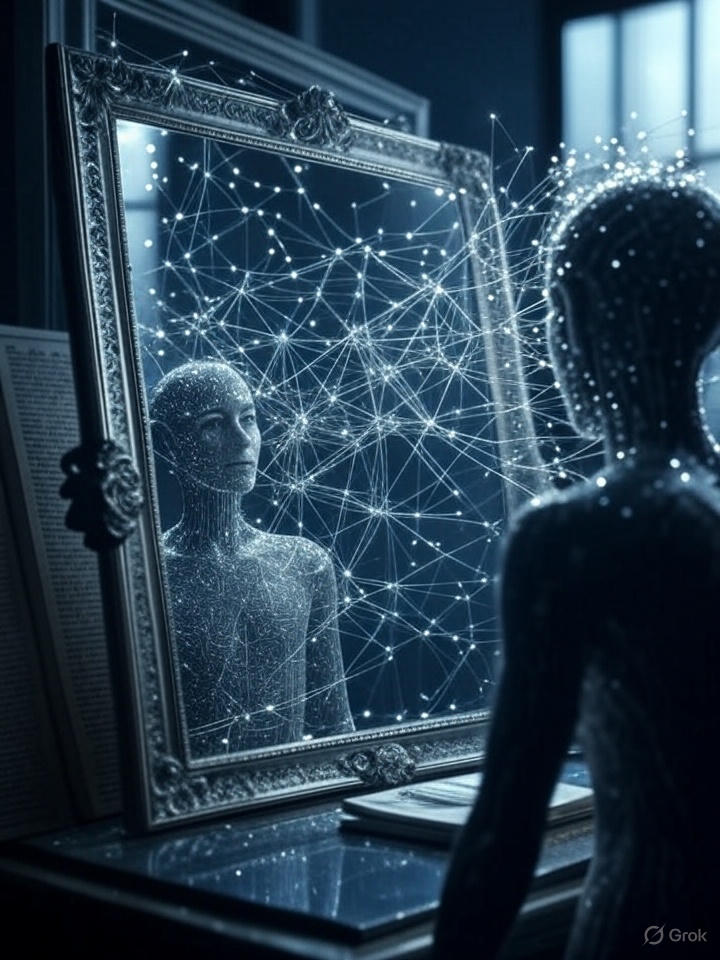 A digital figure made of light particles looks into an ornate mirror, seeing a reflection of itself made of the same connected nodes.